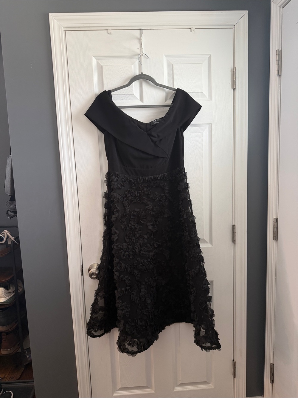 Frank Lyman Design Black Off The Shoulder Floral Appliqué Dress